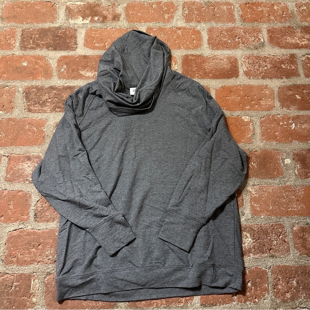 CAbi Cowl Neck Snap Sleeve Pullover Sweatshirt Size Medium Gray Charcoal Stretch